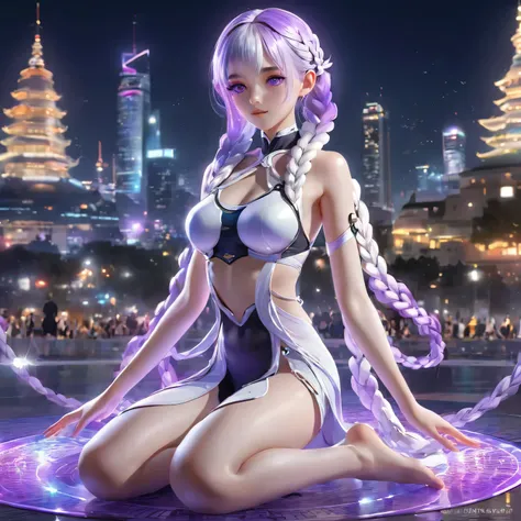 best quality,masterpiece, a girl lotus position in yoga, yinji, purple hair, purple eyes, long hair, white hair, double braids, ...