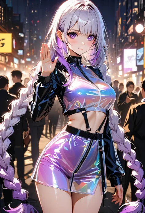 best quality,masterpiece,a girl salute, yinji, purple hair, purple eyes, long hair, white hair, double braids, gradient hair, Refined and elegant, 3D Rendering, Transparent PVC clothing,Transparent colored vinyl garment,Prismatic,holographic,Chromatic Aber...