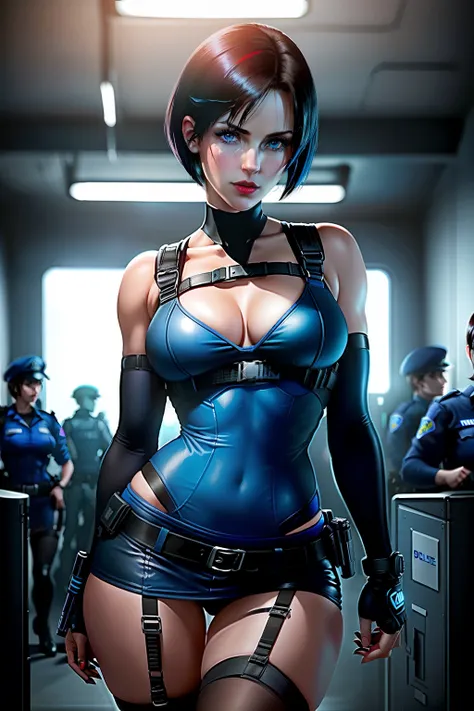 ((Jill valentine from resident evil series))(she has big glowing blue eyes)(bright red lips) (((short dark brown straight hair)))(dark eyeshadows make up)((big breasts)) (perfect slim body) ((wears blue strappless bodysuit and mini skirt black)) ((posing s...