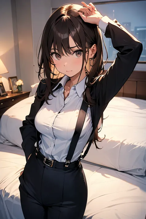 Brown Hair、Staring at the audience　　　Black suspenders　　　bulging big breasts　　 　 　　　wall: 　Black pantsuit　　　　　　sight　　　Small face　 　　　holster　　　Beautiful woman　　Show your hand　　 Lying in bed　　sight 　　Taunt　side　side汗 　arm　Dress shirt　Black Suit　belt