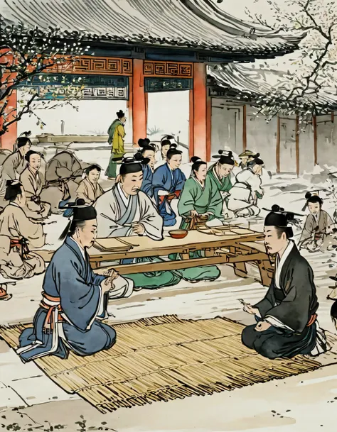 Many people are sitting at the table wearing hats, Wooden table，people sitting on the ground，Kneeling on the ground，straw mat，Confucius preached in front of ten students，Bamboo slips on the table, Spring scenery in the distance，China, Wearing China&#39;s c...