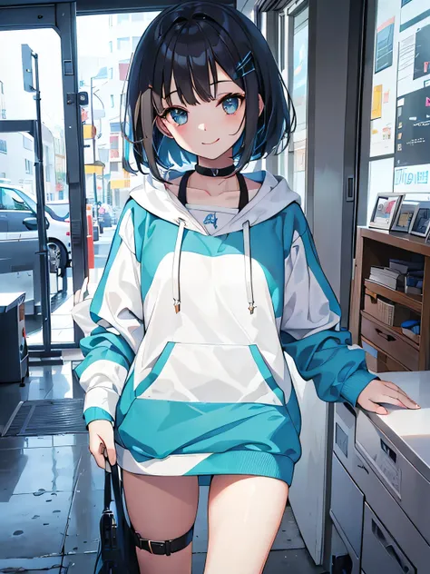 a cutegirl, smile, She has a dark brown bob with a light blue inner color, a white hoodie