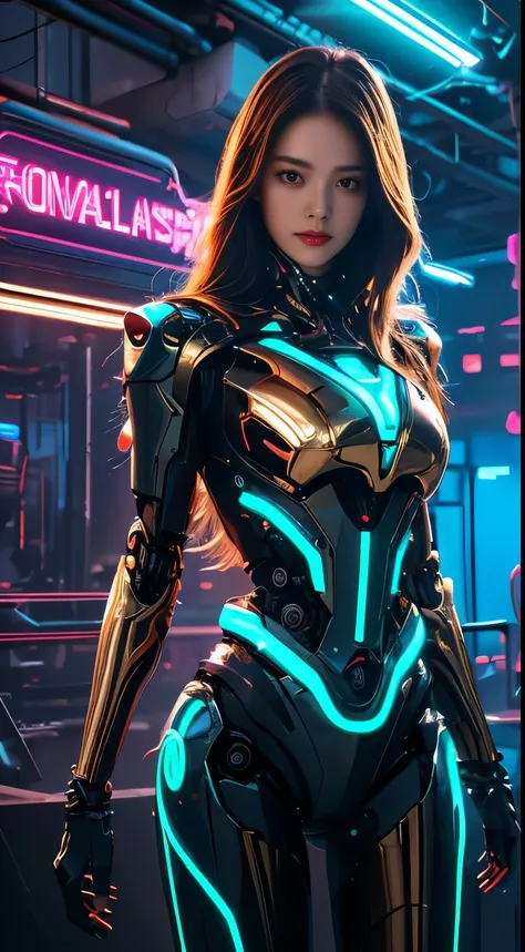 
Virtual image,Realistic 8K images,hips up,Masterpiece,Complete Anatomy,Complete dynamic composition,Light hits the front,woman 1,alone,long hair brown gold,robot,complex machinery,Machines of the future world,Machinery with colorful neon lights,There is a...