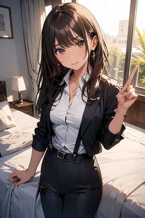 Brown Hair、Staring at the audience　　　Black suspenders　　　bulging big breasts　　 　 　　　wall: 　Black pantsuit　　　　　　sight　　　Small face　 　　　holster　　　Beautiful woman　　Show your hand　　 Lying in bed　　sight 　　Taunt　side　side汗 　arm　Dress shirt　Black Suit　belt