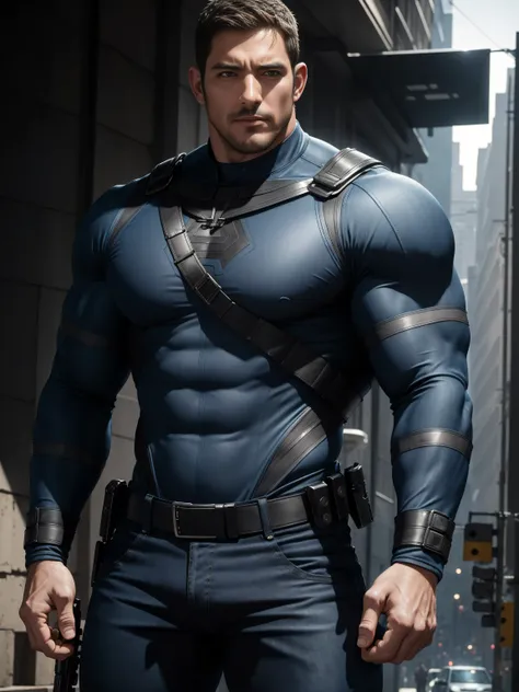 One Tall giant muscular police officer,  Buzz Cut，On the old-style outdoor streets, Wear a long-sleeved dark blue superhero Black Panther bodysuit, Denim fabric texture，The expression is arrogant, Lift your chin, Messy hair, Thick thighs, High collar, long...