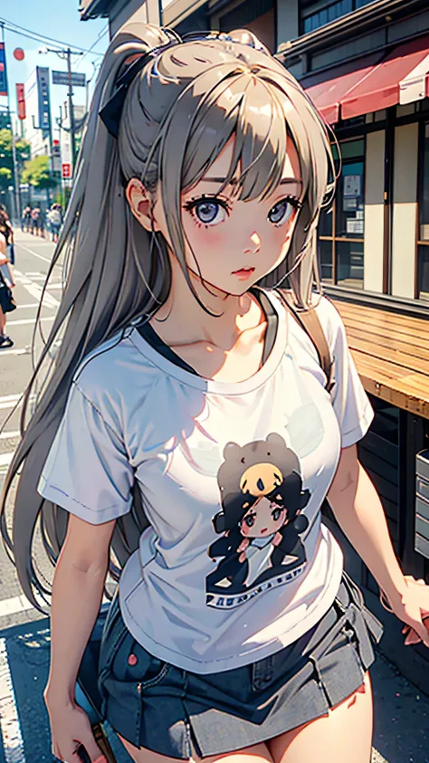 highest quality、Realistic、female、Japanese、zoom、cute、Gray Eyes、Chestnut Hair、Bonytail、Large white T-shirt、mini skirt、Chubby、Eat soft serve ice cream