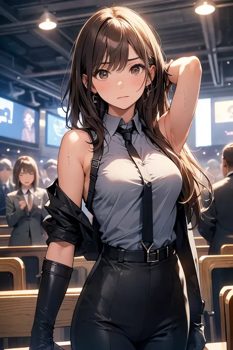 brown hair、staring at the audience　　　black suspenders　　　bulging big breasts　　 　 　　　wall: 　black pantsuit　　　　　　sight　　　small face...