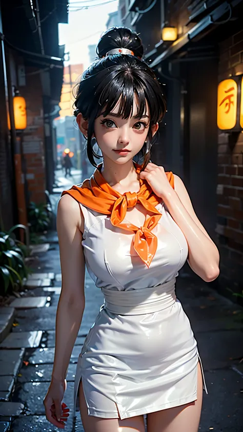 (ultra realistic,32k,RAW photo:1.1),(high detailed skin:1.1), 8k uhd, dslr, high quality, film grain, (makeup, mascara:1.1),(Videl dragon ball :1.4), lips,(thicklips), ,(Cyberpunk ruined dungeon ruins alley background :1.4 ), (miniskirt white :1.4), (media...