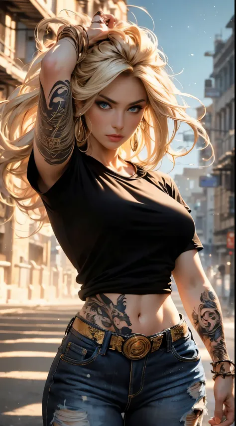 masterpiece, cowboy shot, (1woman), (golden hairs), (black tshirt:1.2), (beautiful blue eyes), (tribal tattoo on hands), white, ...