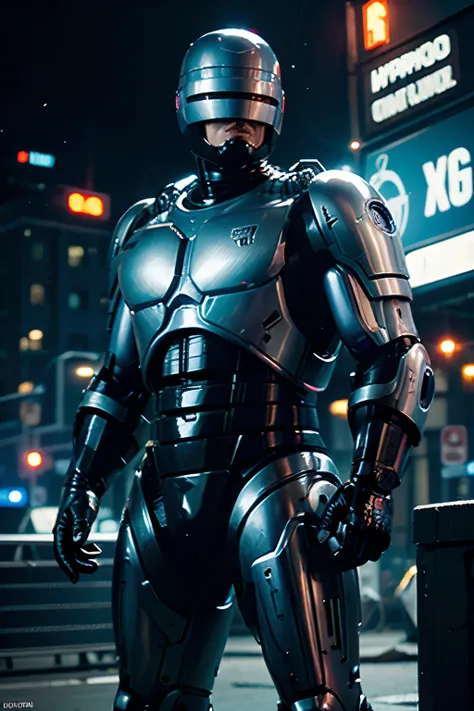 Ben Affleck como Robocop, vestindo armadura completa do Robocop, luzes brilhantes, (dynamic pose), (hyper realista:1.4), (realista:1.3), (pele com textura real da melhor qualidade), corpo todo, (cinematic light), pele altamente detalhada, poros da pele, (r...
