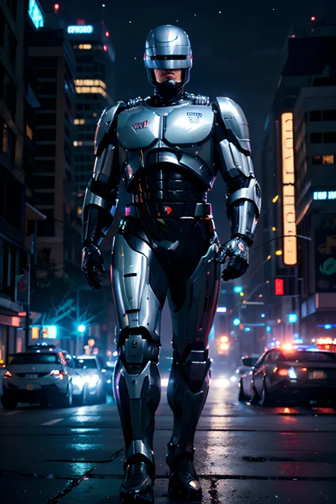Ben Affleck como Robocop, vestindo armadura completa do Robocop, luzes brilhantes, (dynamic pose), (hyper realista:1.4), (realista:1.3), (pele com textura real da melhor qualidade), corpo todo, (cinematic light), pele altamente detalhada, poros da pele, (r...