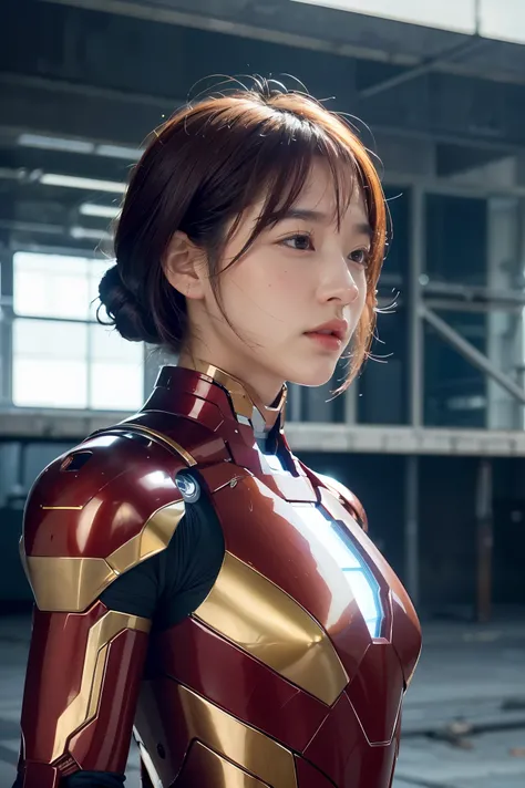 raw, Masterpiece, Extremely detailed photos,, best quality, Ultra high resolution, realistic, sunlight, full figure, Stunningly beautiful,, dynamic poses, delicate face, bright eyes, (side view) , She wears a futuristic Iron Man robot suit., red and gold p...