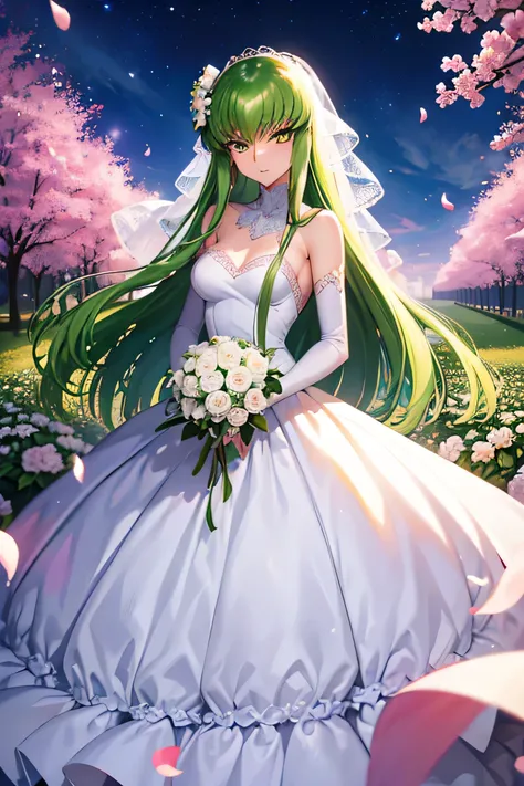Ultra HD, Lelouch of the Rebellion, Hmph, Green Hair, Long Hair, highest quality, High resolution, Very detailed, Detailed Background, Perfect lighting, Wedding dress, 白いWedding dress, Long skirt, wedding style, Standing in the middle of a flower garden, O...