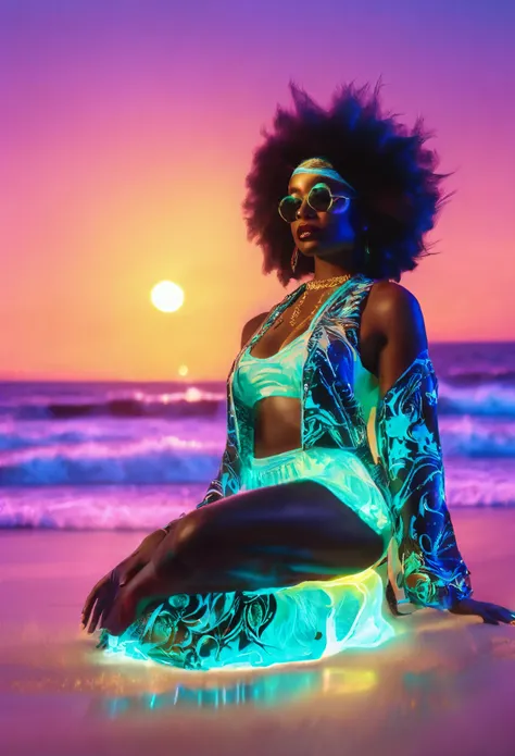 full body shot of The inner soul  of a black women dreams  bioluminescent, dressed in beach clothes and kneeling in the sand at the beach