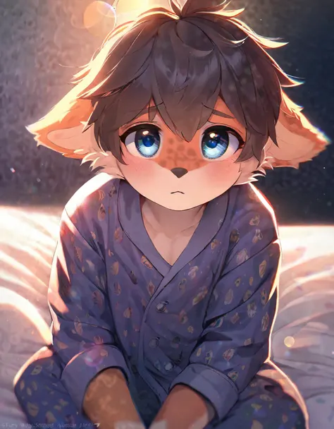 highres, top quality, best quality, paid reward available, High-quality illustrations, unparalleled masterpiece(1boy，on the bed，Shy，look at me，pajamas)Animal ears， Facing the audience，Looking at the audience(furry anthro)，absurdres, perfect anatomy, causti...