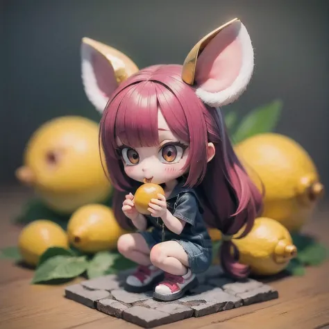 lemon （（（one girl lemon eating challenge）））, gold antler hatart, chibi monster girl lemon eating challenge , character art of ma...