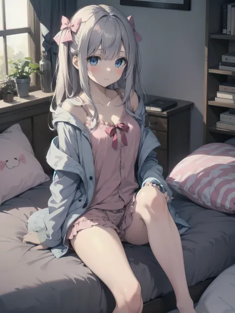 1girl, solo, long hair, looking at viewer, blush, bangs, blue eyes, long sleeves, bow, sitting, closed mouth, collarbone, jacket, hair bow, grey hair, thighs, frills, open clothes, indoors, hood, legs, book, bare legs, window, bed, on bed, stuffed toy, pin...