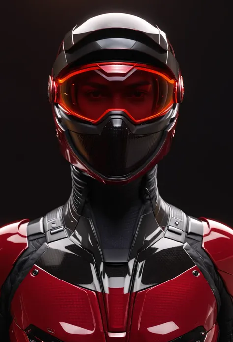 transparent red glossy inner lights and carbon fiber suit simple crisp shapes complex detailed red shade visor hyper realist cha...