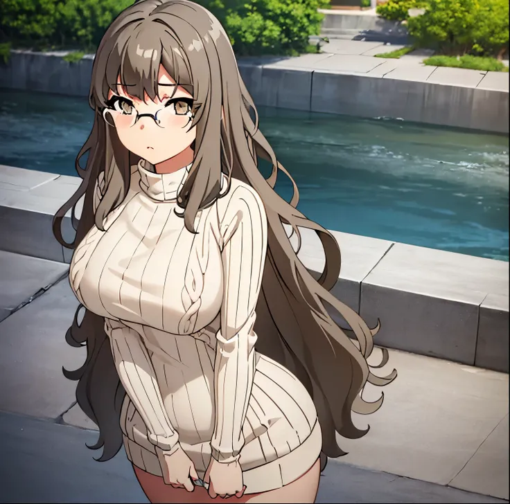 1 girl, alone, futaba river, masterpiece, best quality, realistic, (facing viewer: 1.2), front, point of view (from below), exterior, city, street, standing, detailed background, heavy breathing, blush nose, ( perky: 1.1), long hair, brown hair, brown eyes...