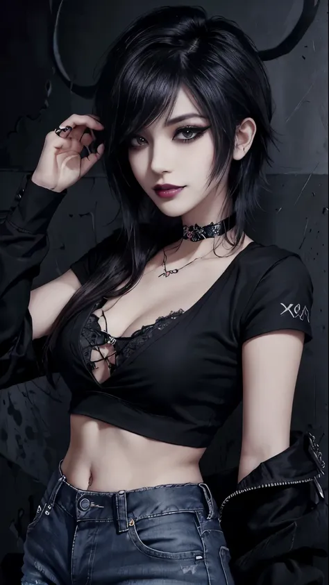 1girl, woman, emo_hairstyle, black lipstick, smug, grin, choker, cuffs, eyeliner, eye shadow, mascara, smoky eyes, realistic lighting, business shirt, jean pants, flat chest, satanic tattoo.