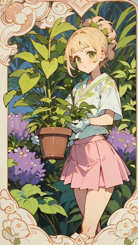 ((mejor calidad)), ((obra maestra)), (detallado), cara perfecta ((cuerpo completo)
the gardener girl cuerpo completo with little plants, grabbing plants, flowers, gardening items
  skirt, gardening, plantas, tierra, abono, flowers lavanda 
cute pink mini s...