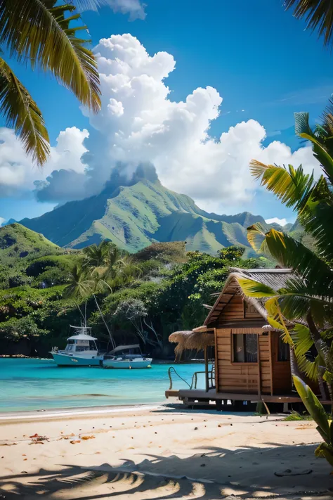 a boat is docked on the beach near a hut in the middle of the ocean, a picture inspired by Paul Gauguin, pexels contest winner, visual art, paradise in the background, tropical location, tropical paradise, polynesian style, beautiful place, tropical beach ...