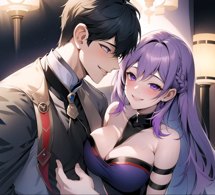 1 boy,Girl with purple and white gradient double braids,romantic couple,Smiling Face,as thick as thieves,Background blur,high quality,Artistic sense,cinematic atmosphere,Luxury lighting