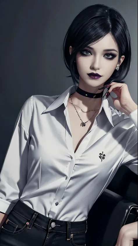 1girl, woman, emo_hairstyle, black lipstick, smug, grin, choker, cuffs, eyeliner, eye shadow, mascara, smoky eyes, realistic lighting, business shirt, jean pants, flat chest, satanic tattoo, office lady, untied hair, shirt over pants.