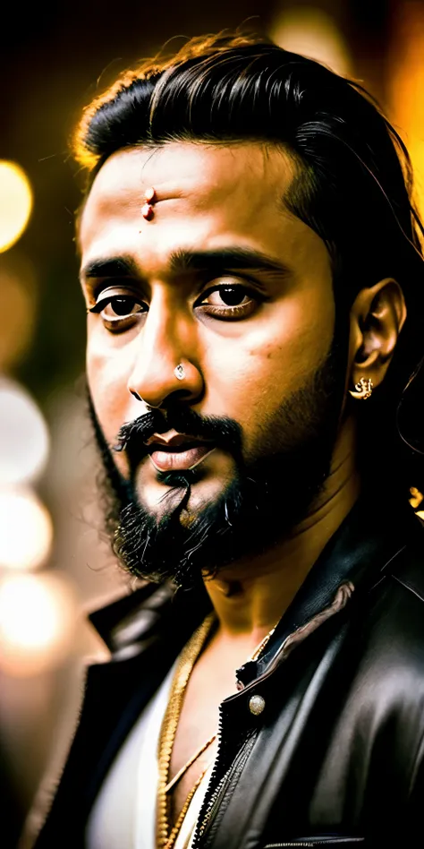 portrait of modern day Jesus, cinematic lighting, depth of field, bokeh, realism, photorealistic, hyperrealism, professional photography, uhd, dslr, hdr, face of Indian singer yo yo honey singh 