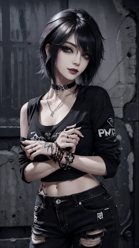 1girl, woman, emo_hairstyle, black lipstick, smug, grin, choker, cuffs, eyeliner, eye shadow, mascara, smoky eyes, realistic lighting, open business shirt, jean pants, flat chest, satanic tattoo.