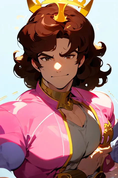 avatar,short wavy hair, white shirt,pink jacket, young male, brown eyes, night time, brown hair, smirk, golden crown, huge bulge