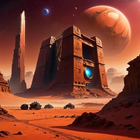 Movie Posters,(Mysterious Ancient Ruins) On Mars,(Science fiction concept art),(Detailed illustration quality,4K,High resolution,masterpiece:1.2),Red planet landscape、Vibrant colors:1.1),(Sci-Fi Lighting),(High resolution),(Collapsing structures),(Desolate...