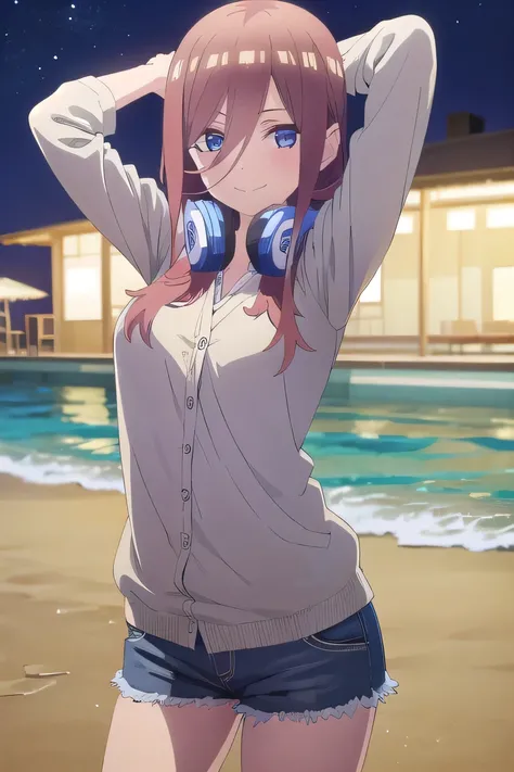 solo, 1girl, looking at viewer, 2D, anime, anime coloring, miku nakano, cardigan, headphones around neck, solo, night sky, beach, arms behind head, contrapposto, closed mouth, (cowboy shot:1.5), looking at viewer, smile,