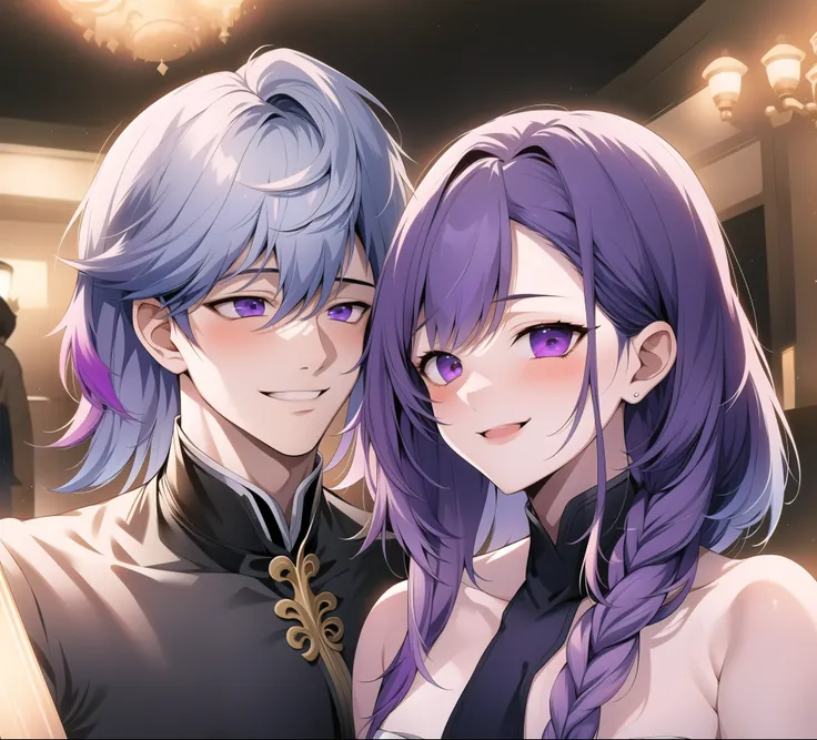 1 boy,Girl with purple and white gradient double braids,romantic couple,Smiling Face,as thick as thieves,Background blur,high quality,Artistic sense,cinematic atmosphere,Luxury lighting