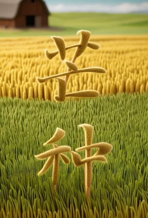 green wool felt fabric, cartoon, high dimensional yellow wheat field background with 4 working male farmers, barns, superb lighting, volumetrics, by Jon Klassen, Ghibli Studio style, Tilt-shift photography, 80mm lens, Large aperture, 3d, blender, masterpie...