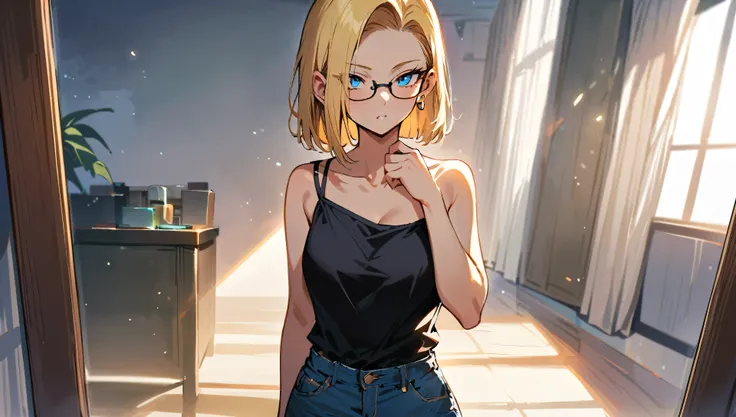 (masterpiece, best quality:1.2), upper body shot, solo, Android 18 from Dragon Ball, black one-shoulder camisole, showing collarbone, denim shorts, short blonde hair loose, (blue eyes), (wearing glasses), earrings on earlobes, slender feminine figure, narr...