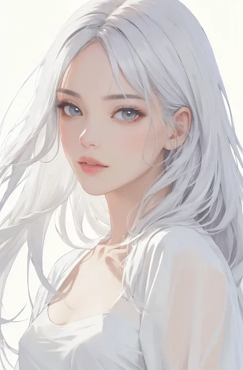 Best Creator，Angel 1 person、Big round eyes、１By people、Realistic、lips、Tabletop、highest quality、Excellent anatomy、Skin Texture、White Background、Small breasts、White formal satin robe Montant、See-through decoration、de luz、Glitter、Gray Hair、Long Hair、Respect、Wh...