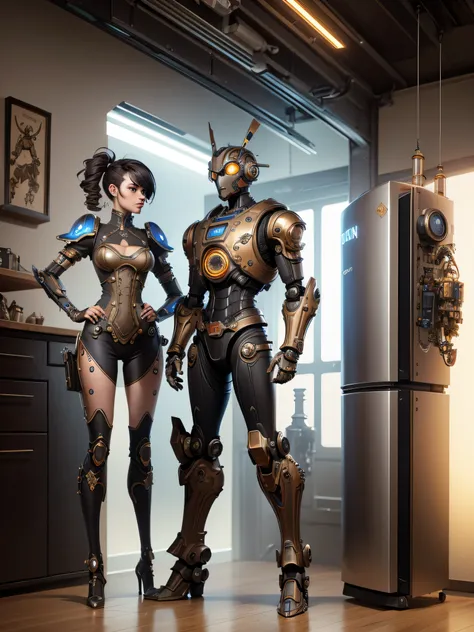 there is a robot that is standing in front of a refrigerator, inspired by Brian Despain, steampunk robot, steampunk automaton, by Brian Despain, pit droid, alejandro burdisio art, beautiful robot character design, android jones and rhads, robot factory, hi...