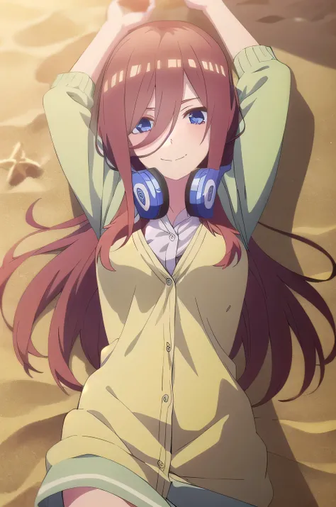 solo, 1girl, looking at viewer, 2D, anime, anime coloring, miku nakano, cardigan, headphones around neck, solo, lying, on back, on sand, arms up, spread arms, looking at viewer, smile, (cowboy shot:1.5)