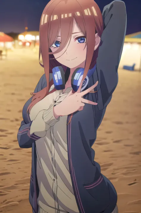 solo, 1girl, looking at viewer, 2D, anime, anime coloring, miku nakano, cardigan, headphones around neck, solo, night sky, beach, arms behind head, contrapposto, closed mouth, upper body, looking at viewer, smile,