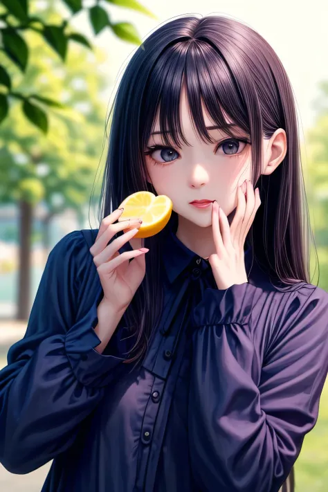 Adult woman eating a slice of lemon、Wearing a long-sleeved blouse、Face of someone who has eaten something sour、Upper Body、Outdoor