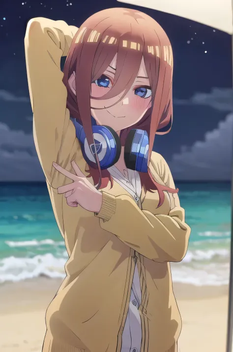 solo, 1girl, looking at viewer, 2D, anime, anime coloring, miku nakano, cardigan, headphones around neck, solo, night sky, beach, arms behind head, contrapposto, closed mouth, upper body, looking at viewer, smile,