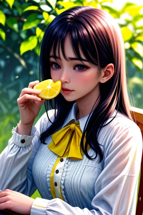 Adult woman eating a slice of lemon、Wearing a long-sleeved blouse、Face of someone who has eaten something sour、Upper Body、Outdoor