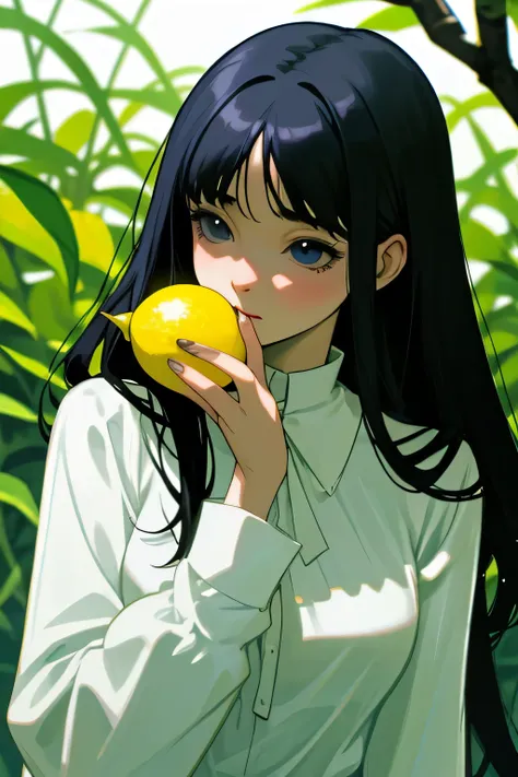 Adult woman eating a slice of lemon、Wearing a long-sleeved blouse、Face of someone who has eaten something sour、Upper Body、Outdoor