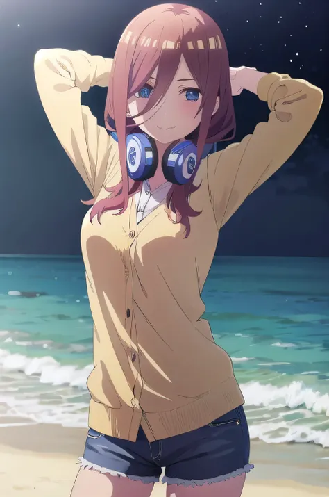 solo, 1girl, looking at viewer, 2D, anime, anime coloring, miku nakano, cardigan, headphones around neck, solo, night sky, beach, arms behind head, contrapposto, closed mouth, (cowboy shot:1.5), looking at viewer, smile,