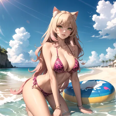 Raphtalia woman 35 years old blonde hair with pink tips , orejas de gato, yellow eyes like amber., piel morena, piel oscura, brown skin big breasts pink bikini jaguar design, esta de pie, frente al espectador, cuerpo completo, accesorios, playa de arena bl...