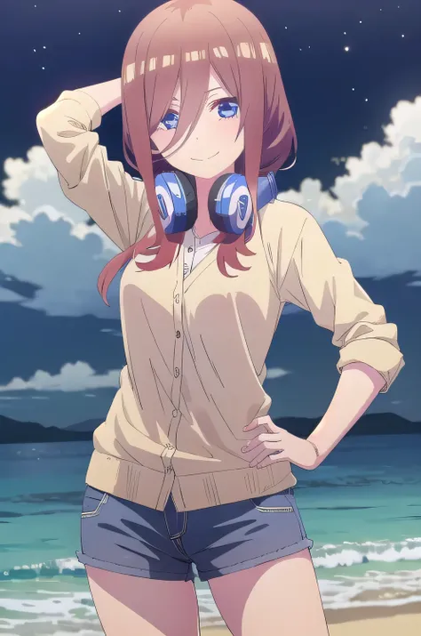 solo, 1girl, looking at viewer, 2d, anime, anime coloring, miku nakano, cardigan, headphones around neck, solo, night sky, beach...