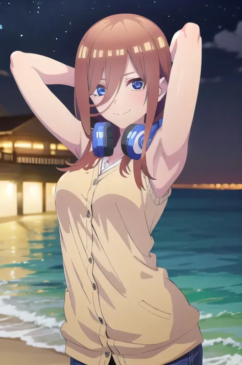 solo, 1girl, looking at viewer, 2D, anime, anime coloring, miku nakano, cardigan, headphones around neck, solo, night sky, beach, arms behind head, contrapposto, closed mouth, upper body, looking at viewer, smile,