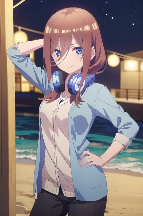 solo, 1girl, looking at viewer, 2D, anime, anime coloring, miku nakano, cardigan, headphones around neck, solo, night sky, beach, arm behind head, hand on hip, contrapposto, closed mouth, (cowboy shot:1.5), looking at viewer, smile,