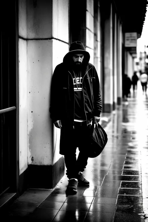 a homeless man, ((deprimido)), ((realismo duro)), struggling to hide his sorrow, gaunt face with deep-set eyes, unshaven stubble, ragged clothes, worn out shoes, empty pockets, ((verso lateral)), Head bowed, ((capturado en la calle)), poetic snapshot taken...